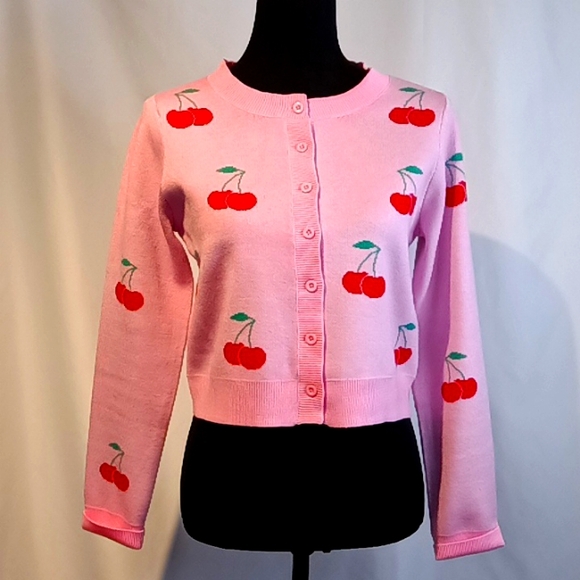 PINK Button Down Cardigan w/🍒🍒🍒 - Picture 3 of 14